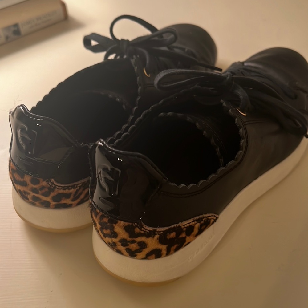 Black Patent Leather Sneaker with Leopard Accent - Women